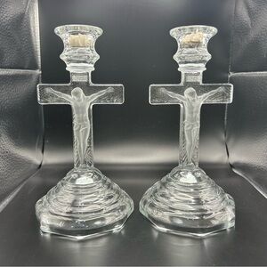 Home Interiors Pair (2) Glass Crucifix Cross Jesus Candle Holder Clear Frosted